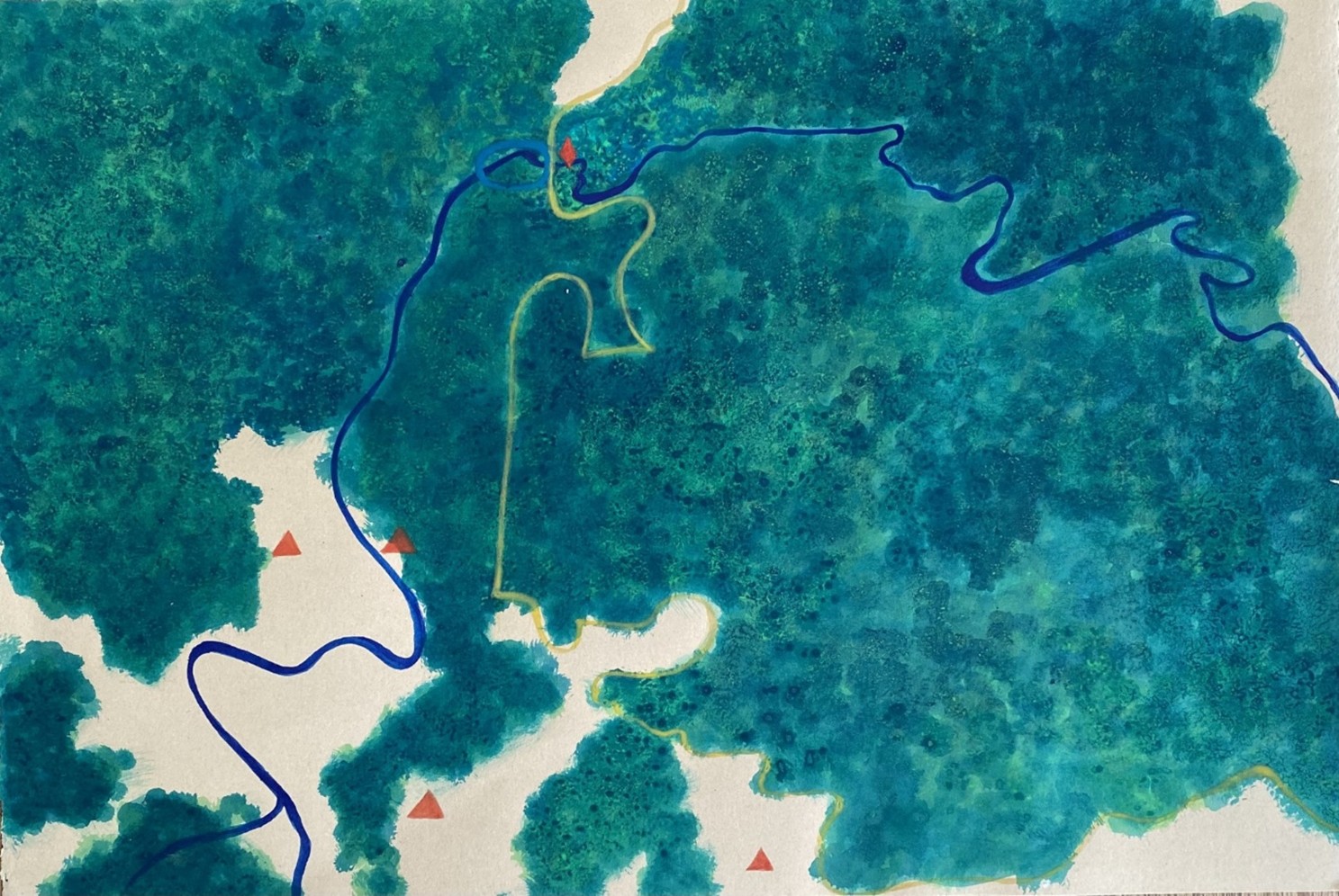 Map of The Drip, Wiradjuri Country, with surrounding mines marked by red triangles. By Jessica Leffley, Wiradjuri art-ist. 
