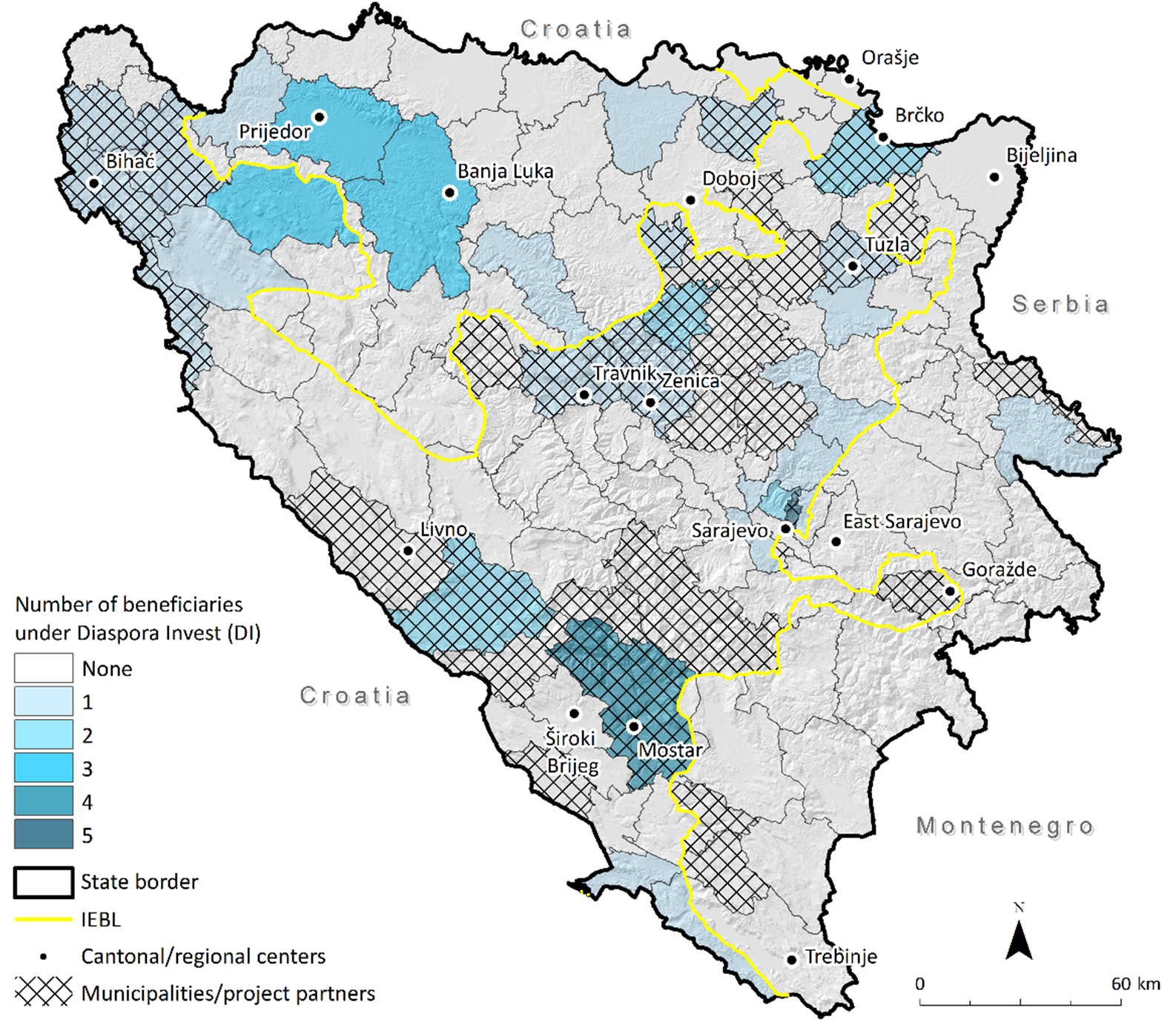 Diaspora Invest spatial footprint: partner municipalities and beneficiary firms by municipality (Program period: 2017-2022).