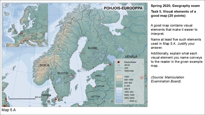 Task 5 and its source map 5.A from the spring 2020 geography Matriculation Examination. The map shows Northern Europe (see the Finnish title “Pohjois-Eurooppa”). The original examination task was available in both Finnish and Swe-dish because the geography Matriculation Examination is bilingual. Source: Finnish Matriculation Examination Board. The map is published with permission granted by the Matriculation Examination Board, as it is classified as an official work produced by a public authority