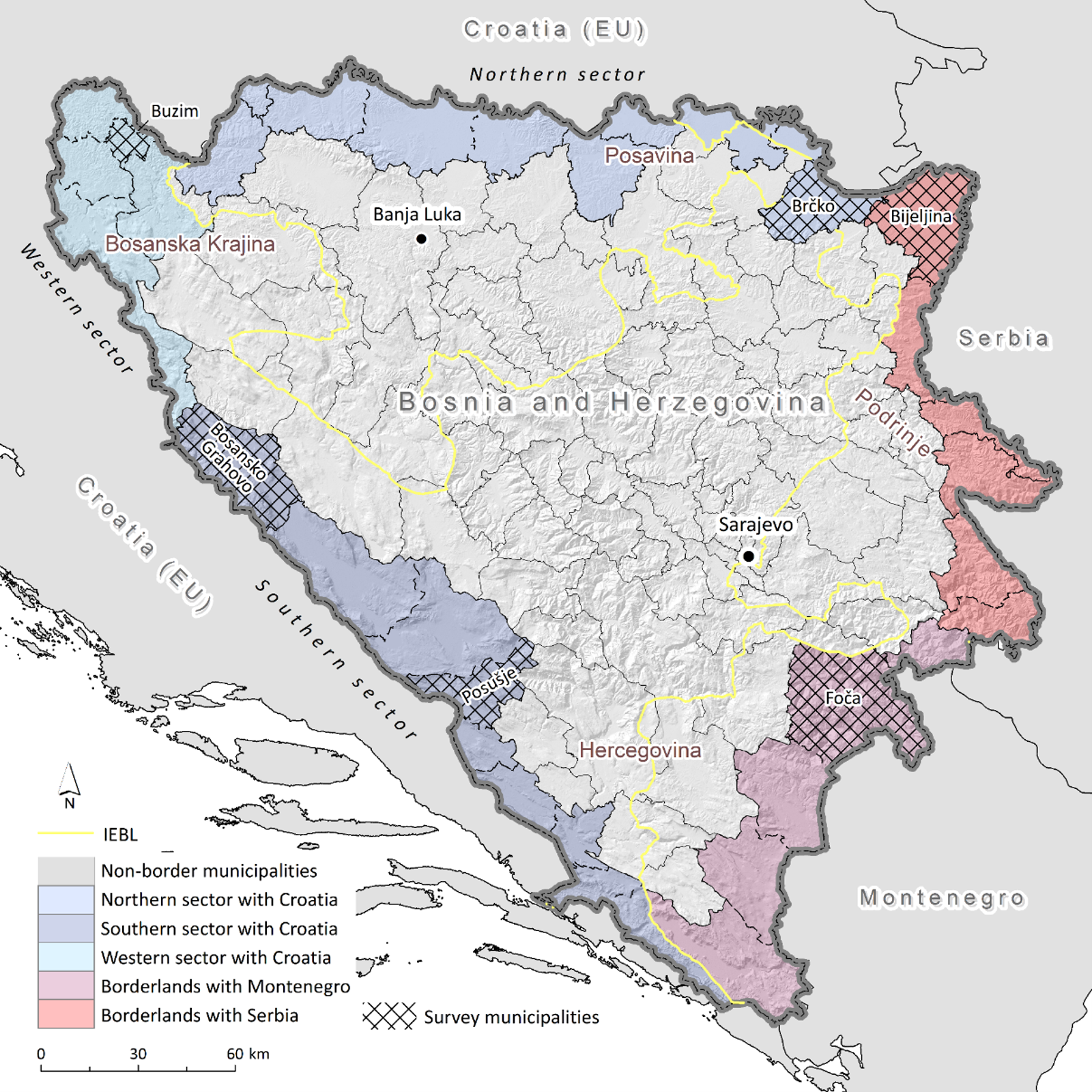 Spatial scope of the study. Source: Adapted from A. Avdić (2025) Note: IEBL = Inter-Entity Boundary Line.