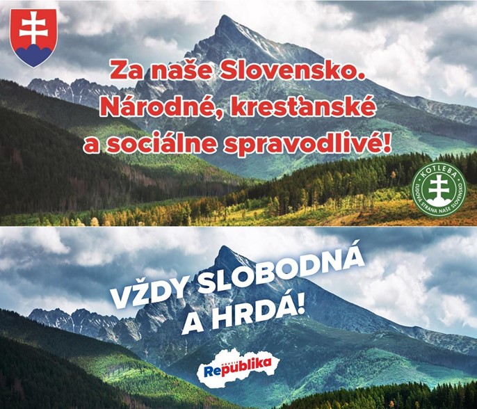 The use of nature in the promotional materials of populist radical right parties. As can be seen, some parties use the same scenic backdrop – the Kriváň hill. Upper is the pamphlet of the ĽSNS (Naše Slovensko, 2021b); below is the propagation material of the Republic (REPUBLIKA, 2022).