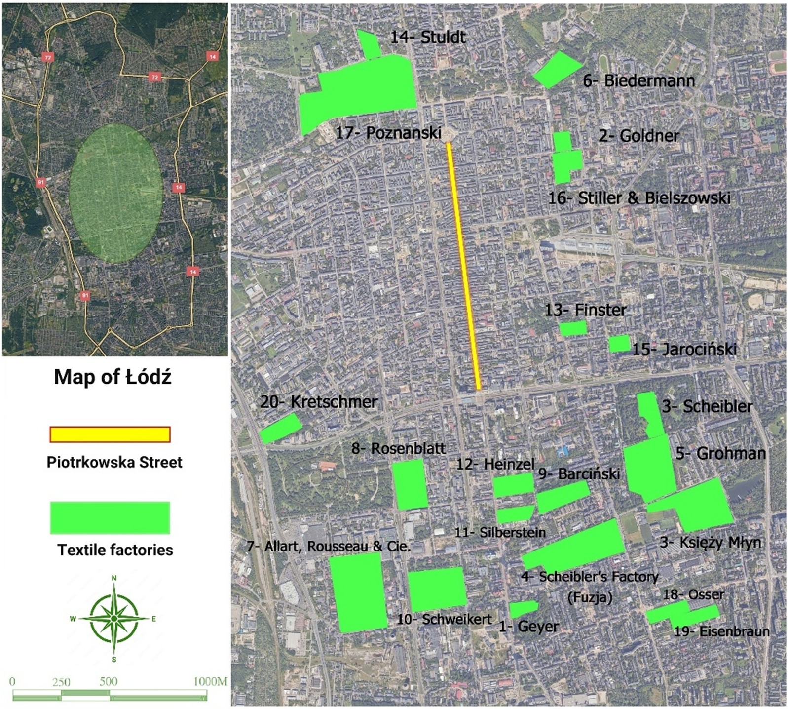 The distribution of textile factories in Łódź