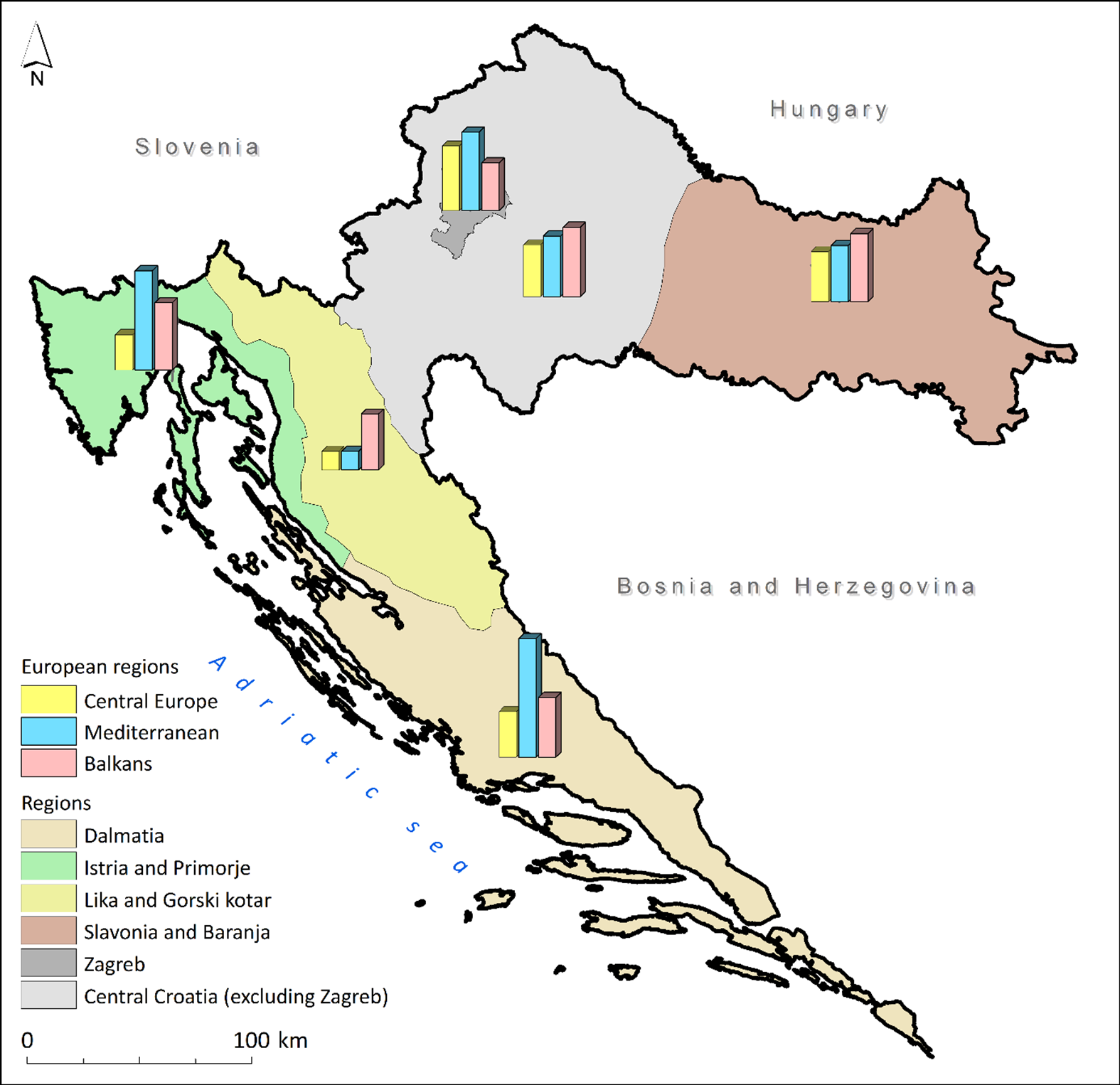 Croatia’s affiliation to European regions based on the region of residence