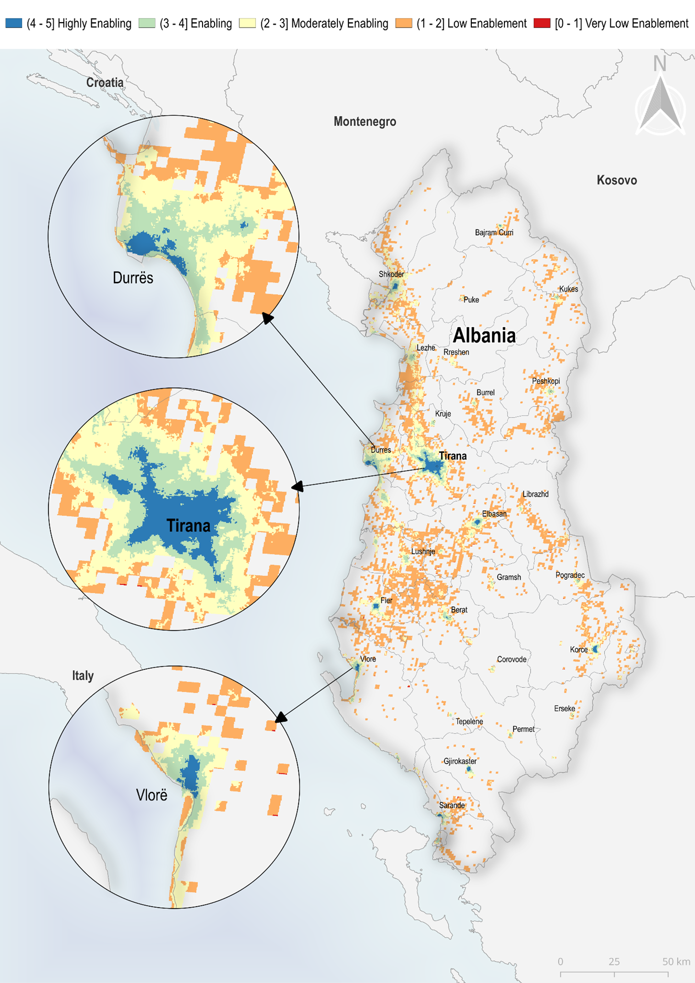 Results of the GeoWEAF analysis for the inhabited areas of Albania